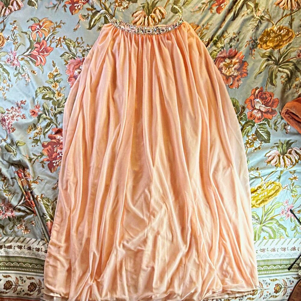 VTG MY MICHELLE Pink Solid Chiffon Maxi Skirt Beaded Size 1 Y2K